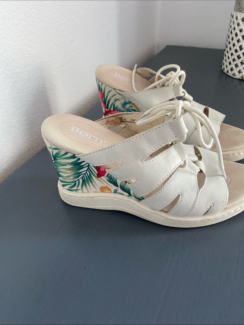 Born Cream Wedge Sandals with Tropical Heel Print